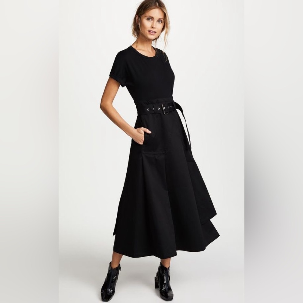 3.1 Phillip Lim Black Jersey Poplin Belted Midi Dress Size 8 M
